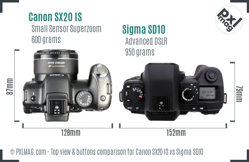 Canon SX20 IS vs Sigma SD10 top view buttons comparison