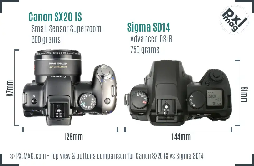 Canon SX20 IS vs Sigma SD14 top view buttons comparison