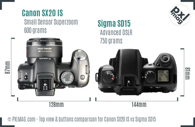 Canon SX20 IS vs Sigma SD15 top view buttons comparison Canon SX20 IS vs Sigma SD15 top view buttons comparison