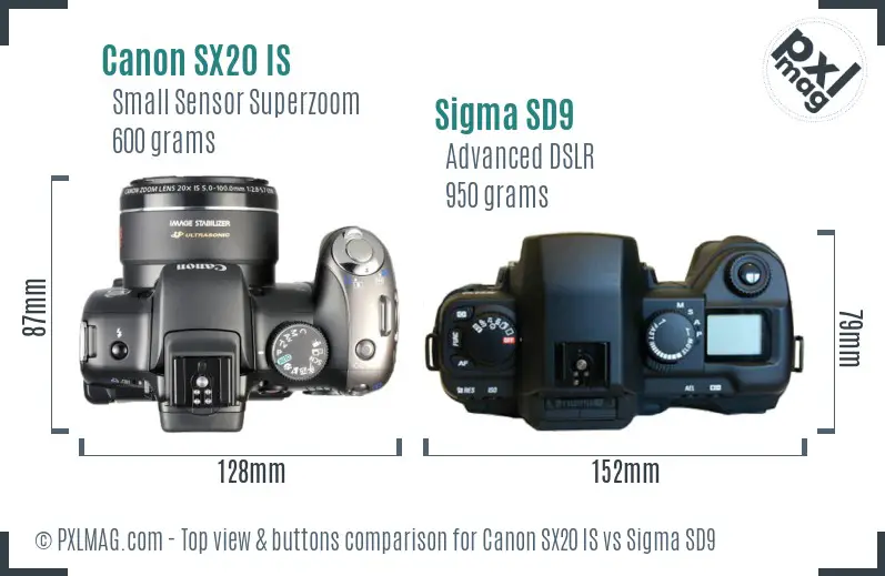 Canon SX20 IS vs Sigma SD9 top view buttons comparison