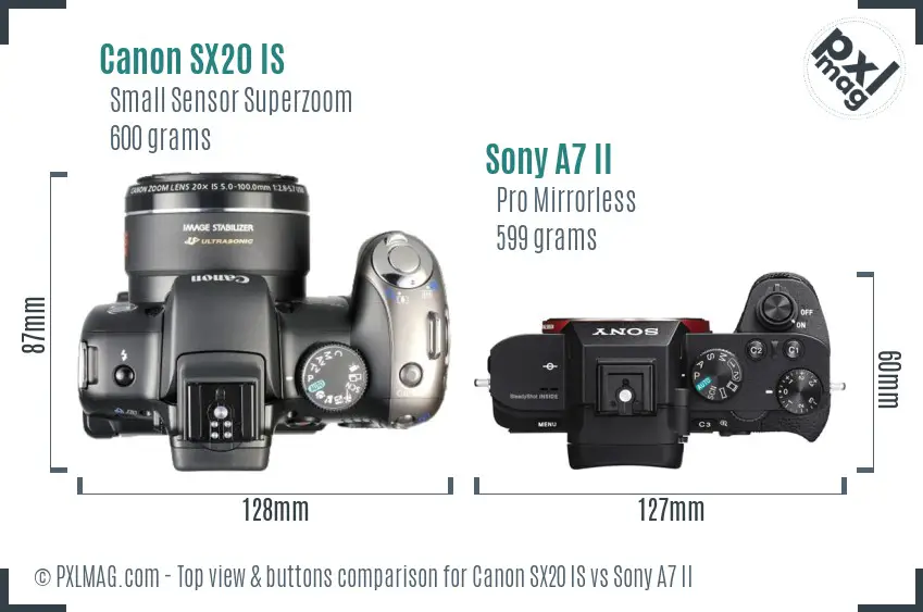 Canon SX20 IS vs Sony A7 II top view buttons comparison