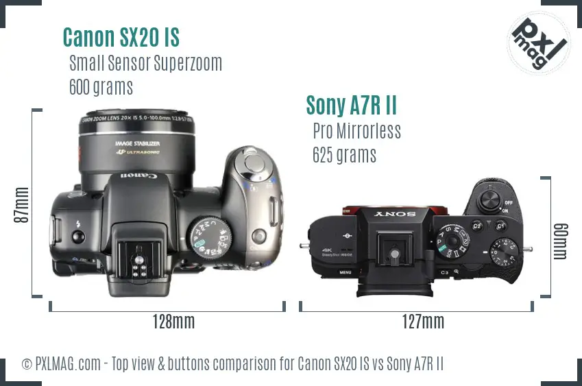 Canon SX20 IS vs Sony A7R II top view buttons comparison