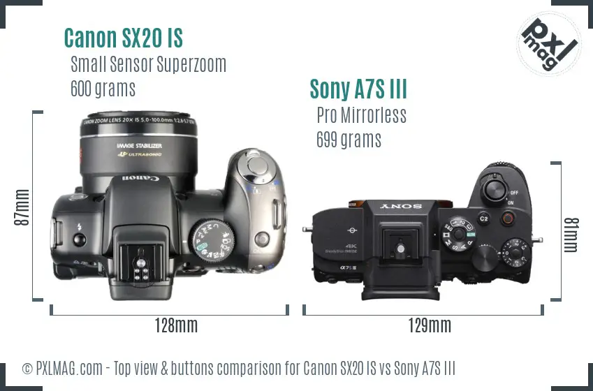 Canon SX20 IS vs Sony A7S III top view buttons comparison