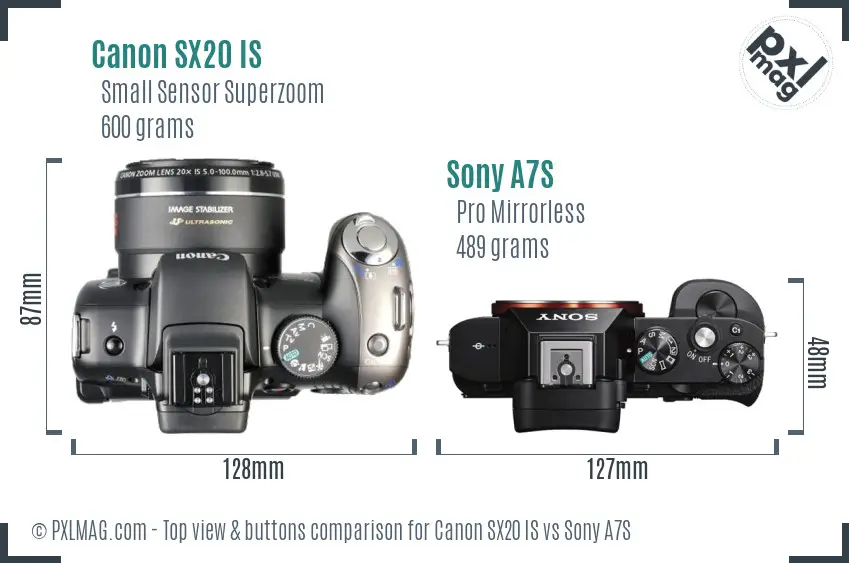 Canon SX20 IS vs Sony A7S top view buttons comparison