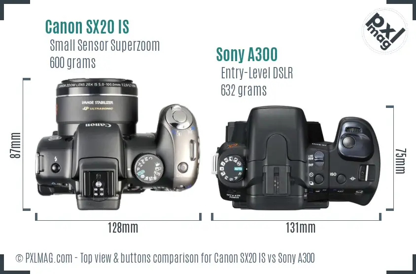 Canon SX20 IS vs Sony A300 top view buttons comparison Canon SX20 IS vs Sony A300 top view buttons comparison
