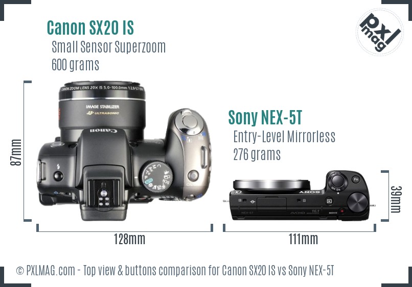 Canon SX20 IS vs Sony NEX-5T top view buttons comparison