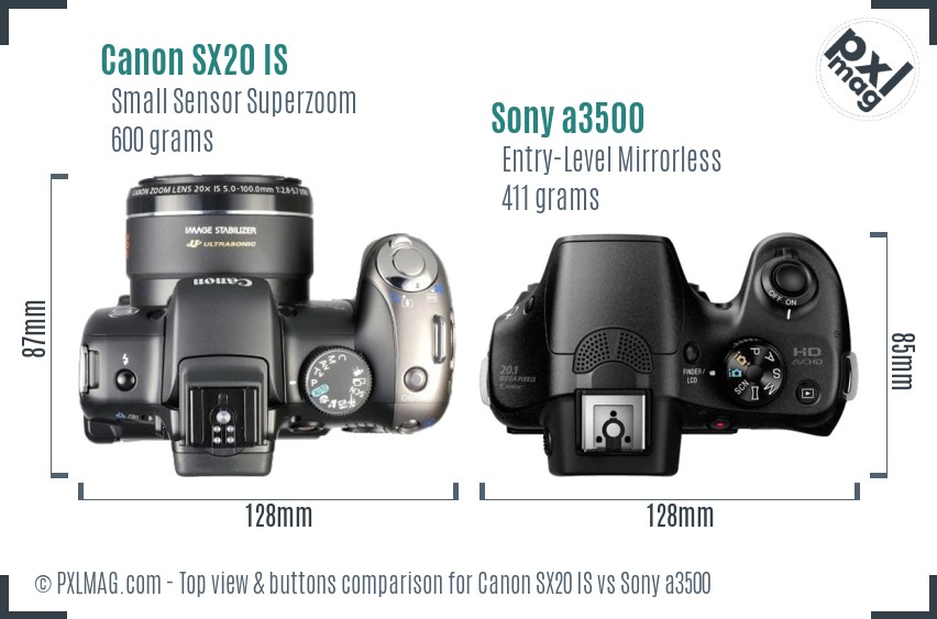 Canon SX20 IS vs Sony a3500 top view buttons comparison