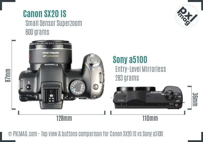 Canon SX20 IS vs Sony a5100 top view buttons comparison