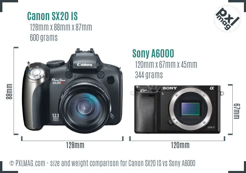 Canon SX20 IS vs Sony A6000 size comparison