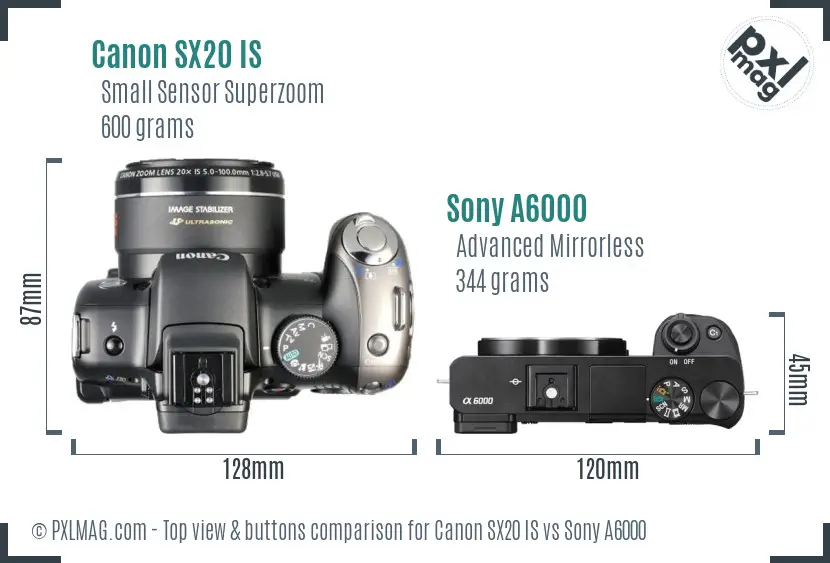 Canon SX20 IS vs Sony A6000 top view buttons comparison