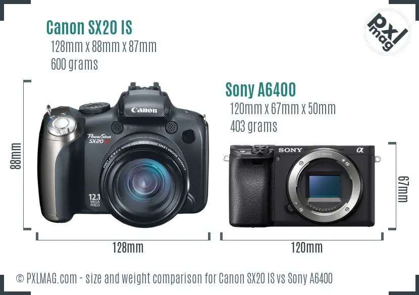 Canon SX20 IS vs Sony A6400 size comparison