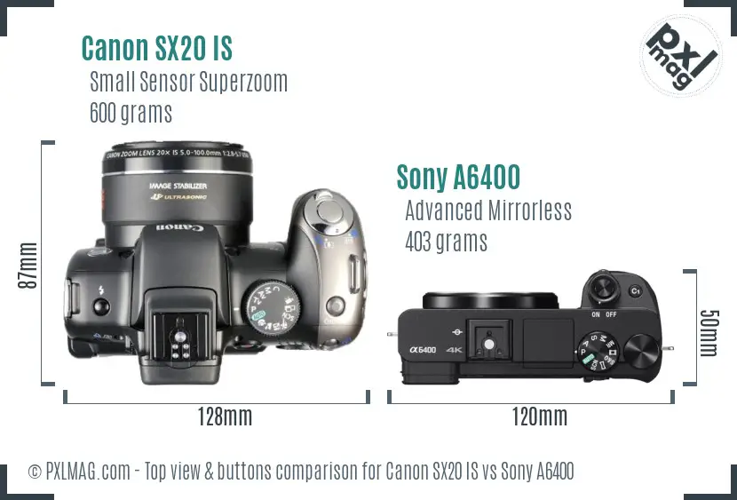Canon SX20 IS vs Sony A6400 top view buttons comparison