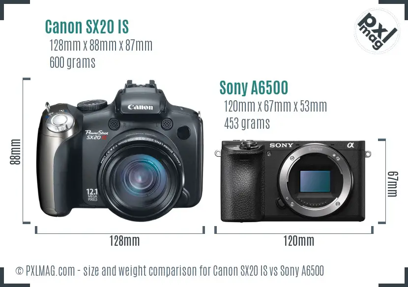 Canon SX20 IS vs Sony A6500 size comparison