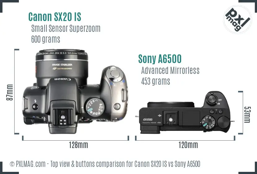 Canon SX20 IS vs Sony A6500 top view buttons comparison