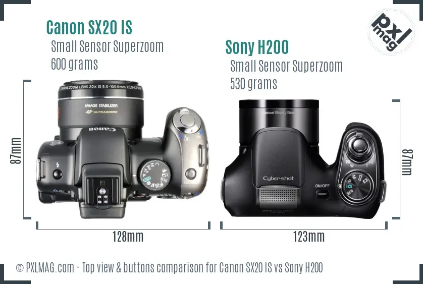 Canon SX20 IS vs Sony H200 top view buttons comparison