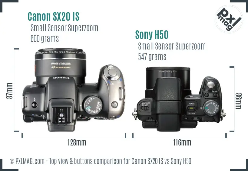 Canon SX20 IS vs Sony H50 top view buttons comparison