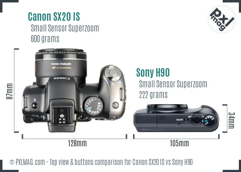Canon SX20 IS vs Sony H90 top view buttons comparison
