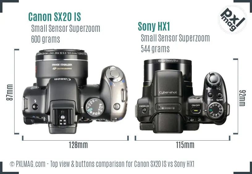 Canon SX20 IS vs Sony HX1 top view buttons comparison
