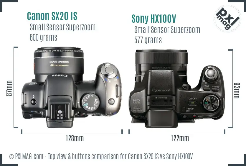 Canon SX20 IS vs Sony HX100V top view buttons comparison
