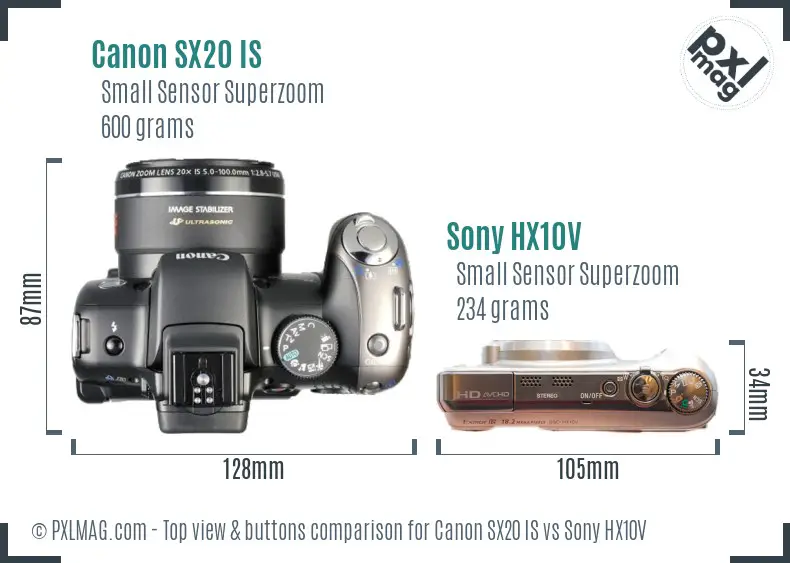 Canon SX20 IS vs Sony HX10V top view buttons comparison
