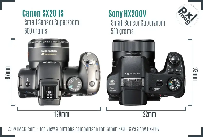 Canon SX20 IS vs Sony HX200V top view buttons comparison