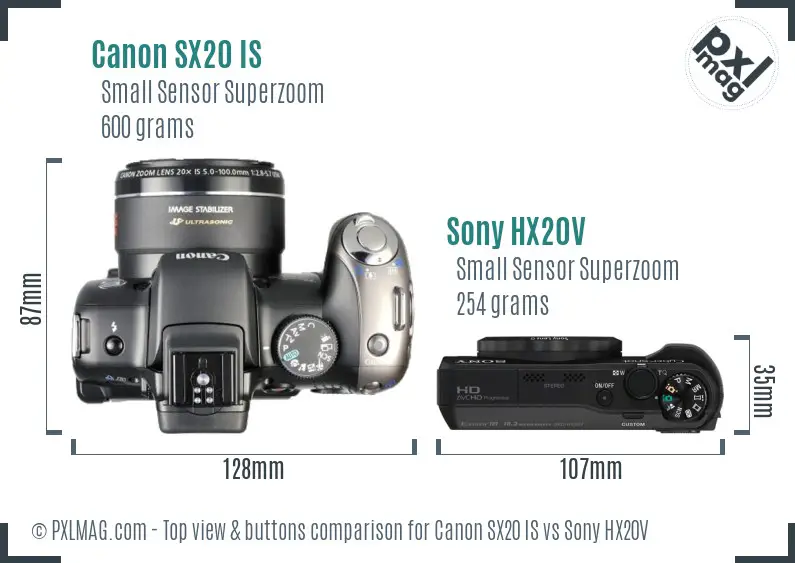 Canon SX20 IS vs Sony HX20V top view buttons comparison