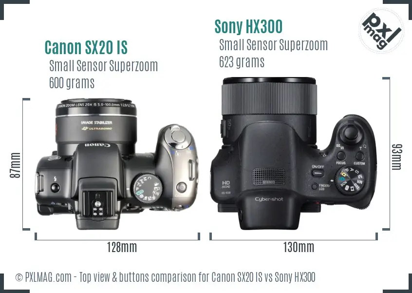 Canon SX20 IS vs Sony HX300 top view buttons comparison