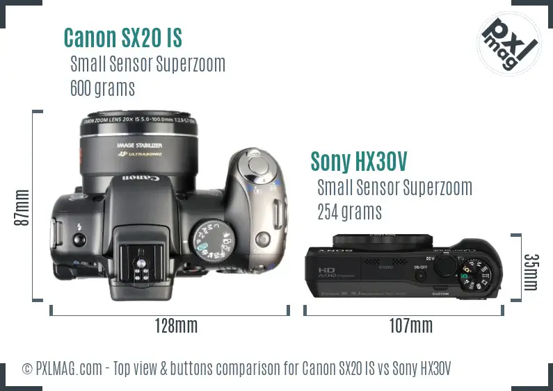 Canon SX20 IS vs Sony HX30V top view buttons comparison