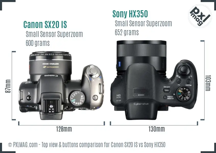 Canon SX20 IS vs Sony HX350 top view buttons comparison