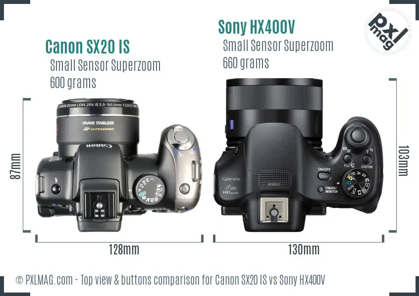 Canon SX20 IS vs Sony HX400V top view buttons comparison