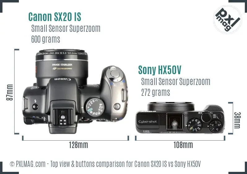 Canon SX20 IS vs Sony HX50V top view buttons comparison