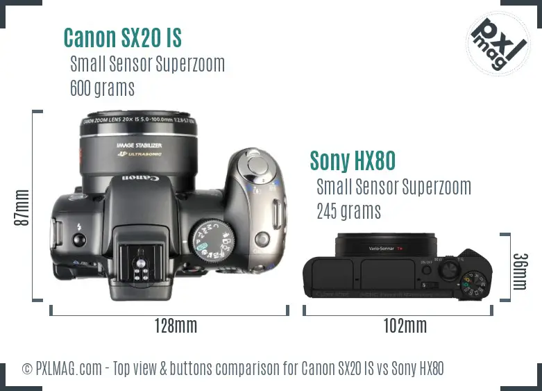 Canon SX20 IS vs Sony HX80 top view buttons comparison Canon SX20 IS vs Sony HX80 top view buttons comparison