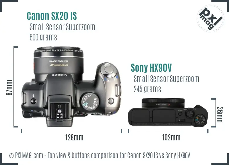 Canon SX20 IS vs Sony HX90V top view buttons comparison