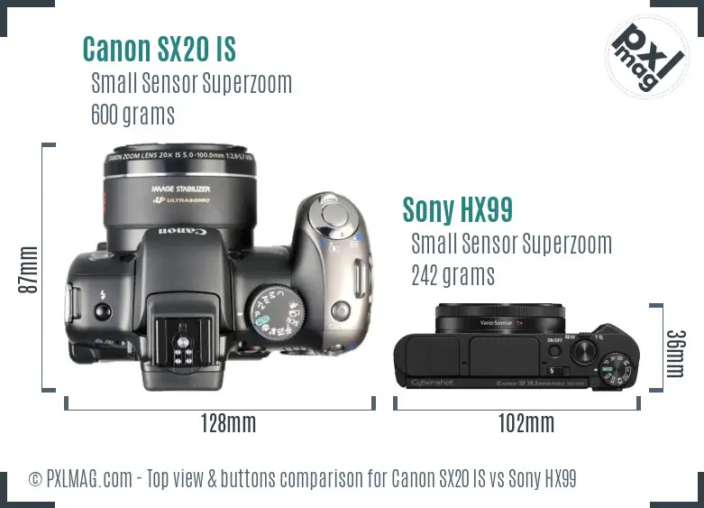 Canon SX20 IS vs Sony HX99 top view buttons comparison