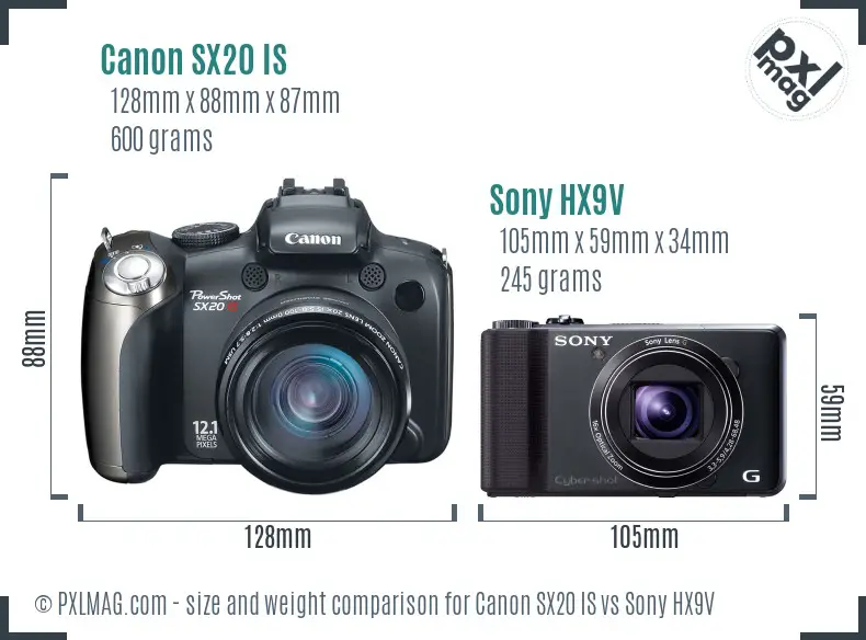 Canon SX20 IS vs Sony HX9V size comparison Canon SX20 IS vs Sony HX9V size comparison