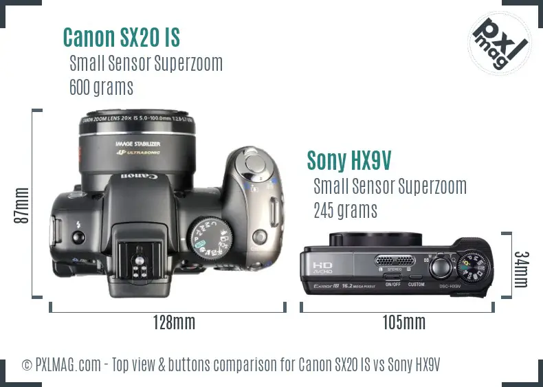 Canon SX20 IS vs Sony HX9V top view buttons comparison Canon SX20 IS vs Sony HX9V top view buttons comparison
