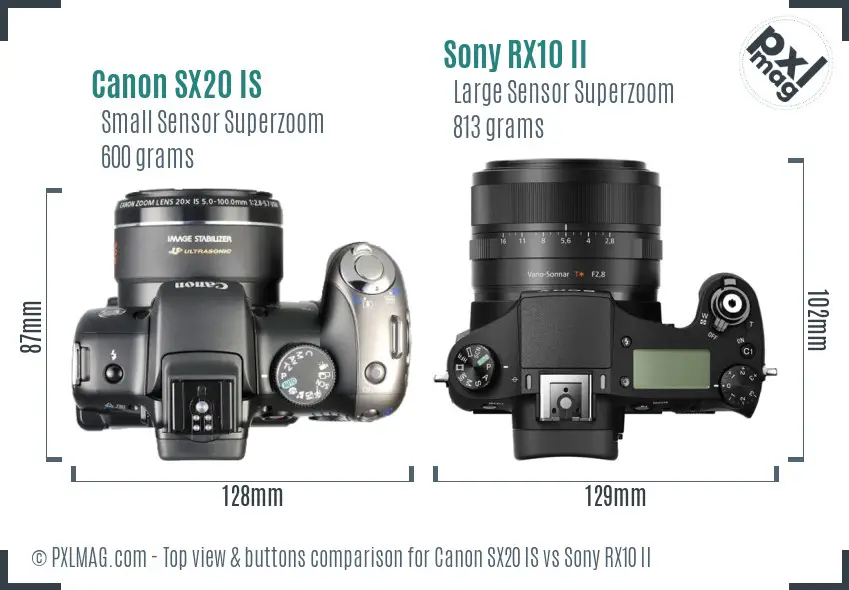 Canon SX20 IS vs Sony RX10 II top view buttons comparison