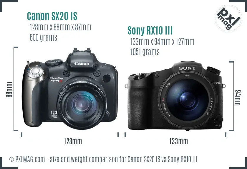 Canon SX20 IS vs Sony RX10 III size comparison