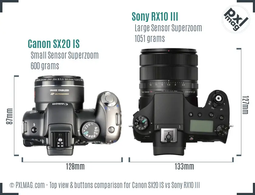 Canon SX20 IS vs Sony RX10 III top view buttons comparison