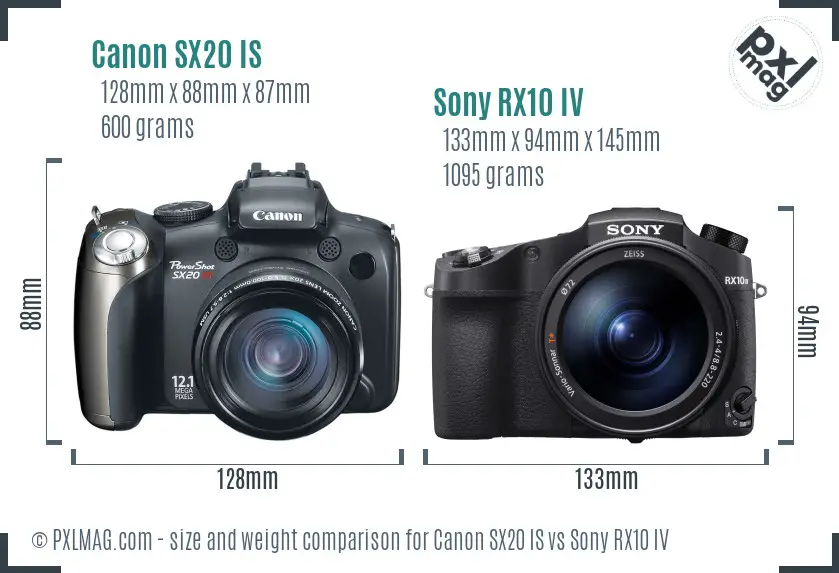 Canon SX20 IS vs Sony RX10 IV size comparison