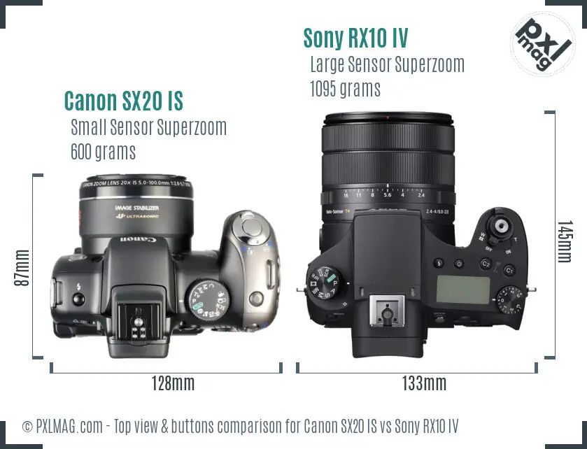 Canon SX20 IS vs Sony RX10 IV top view buttons comparison