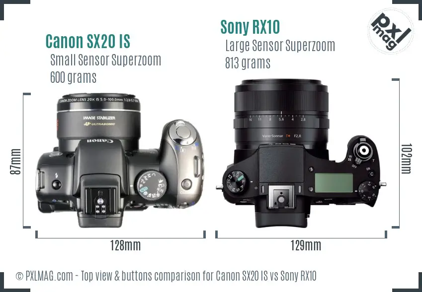 Canon SX20 IS vs Sony RX10 top view buttons comparison