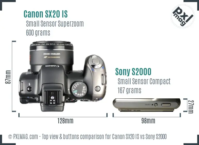 Canon SX20 IS vs Sony S2000 top view buttons comparison Canon SX20 IS vs Sony S2000 top view buttons comparison