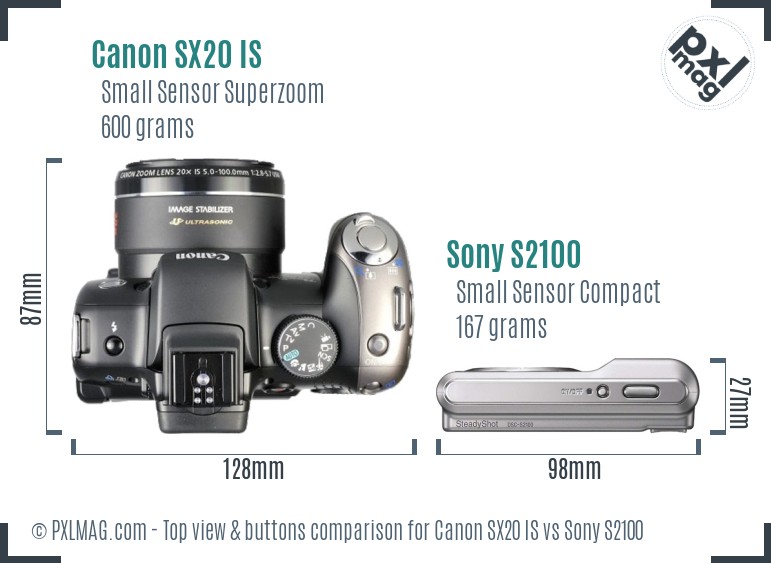 Canon SX20 IS vs Sony S2100 top view buttons comparison