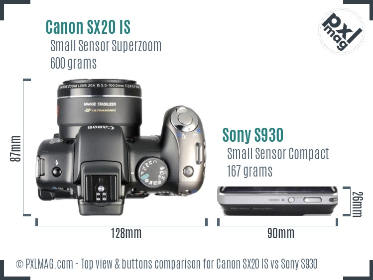 Canon SX20 IS vs Sony S930 top view buttons comparison