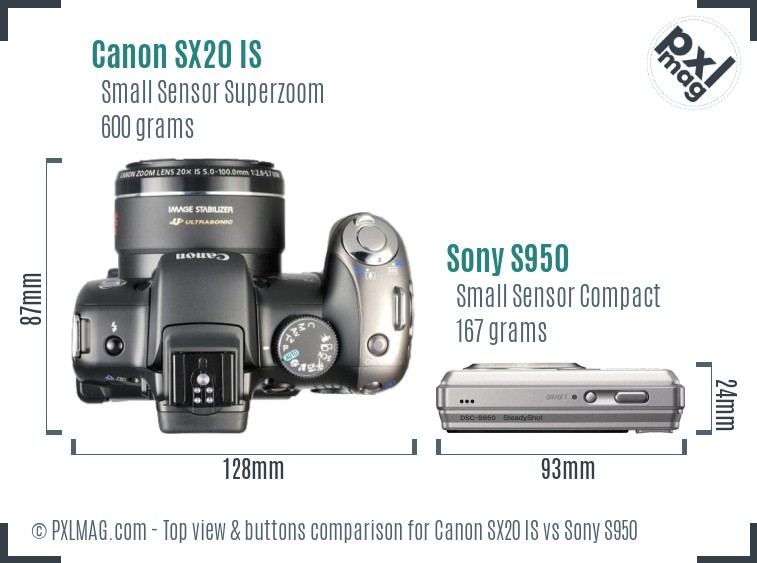 Canon SX20 IS vs Sony S950 top view buttons comparison