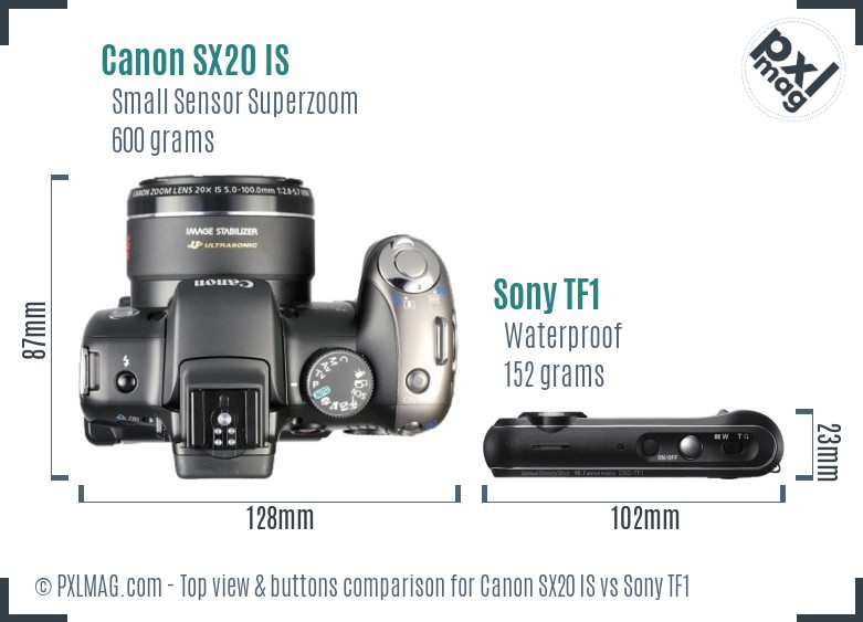 Canon SX20 IS vs Sony TF1 top view buttons comparison
