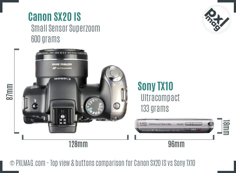 Canon SX20 IS vs Sony TX10 top view buttons comparison