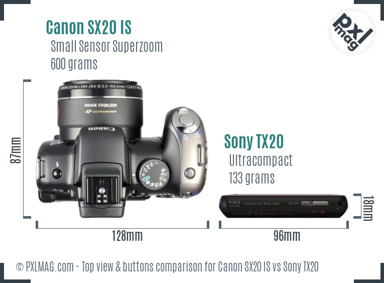 Canon SX20 IS vs Sony TX20 top view buttons comparison