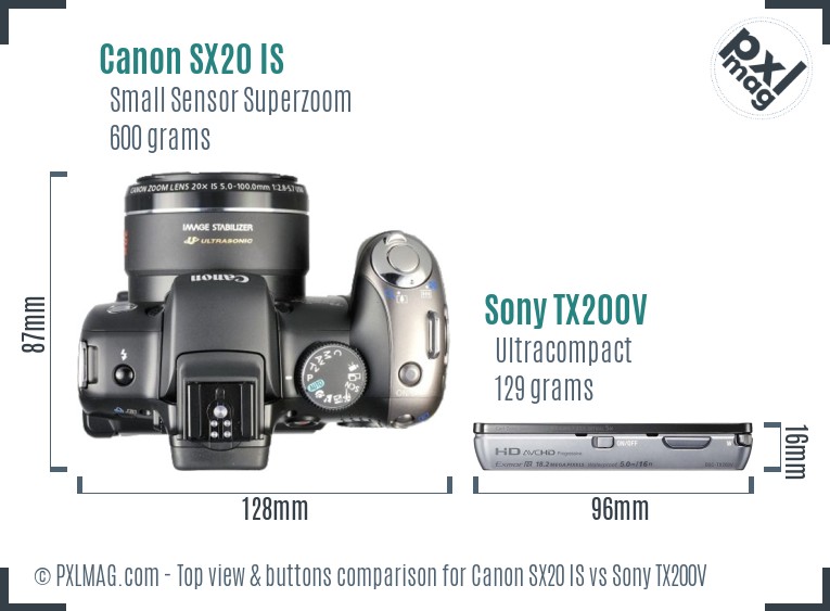 Canon SX20 IS vs Sony TX200V top view buttons comparison